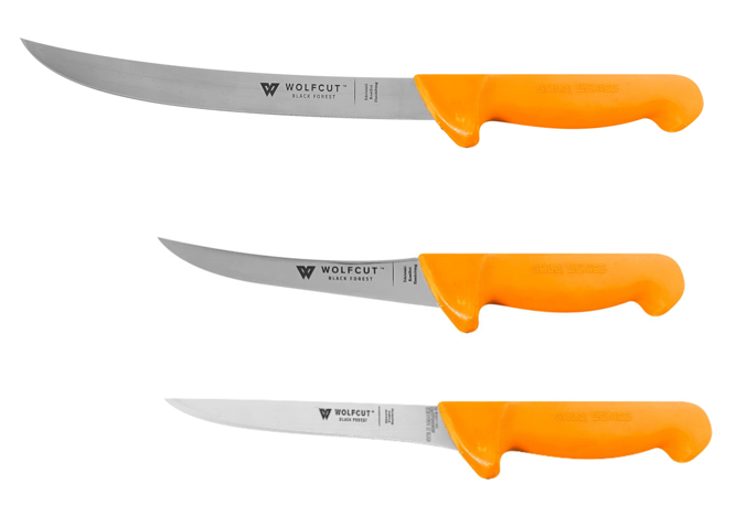 WOLFCUT Gold Serie - Metzgermesser-Set 3-tlg. - Zerlegemesser 21 cm, Ausbeinmesser 13 cm, Ausbeinmesser gebogene flex Klinge 15 cm