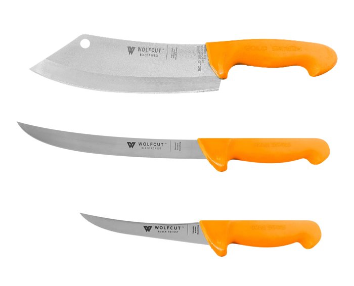 WOLFCUT Gold Serie - Metzgermesser-Set 3-tlg. - Zerlegemesser 21 cm, Ausbeinmesser gebogene flex Klinge 15 cm, Hackmesser 22,5 cm