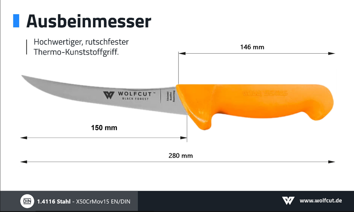 WOLFCUT Gold Serie - Ausbeinmesser 15 cm gebogene flex Klinge