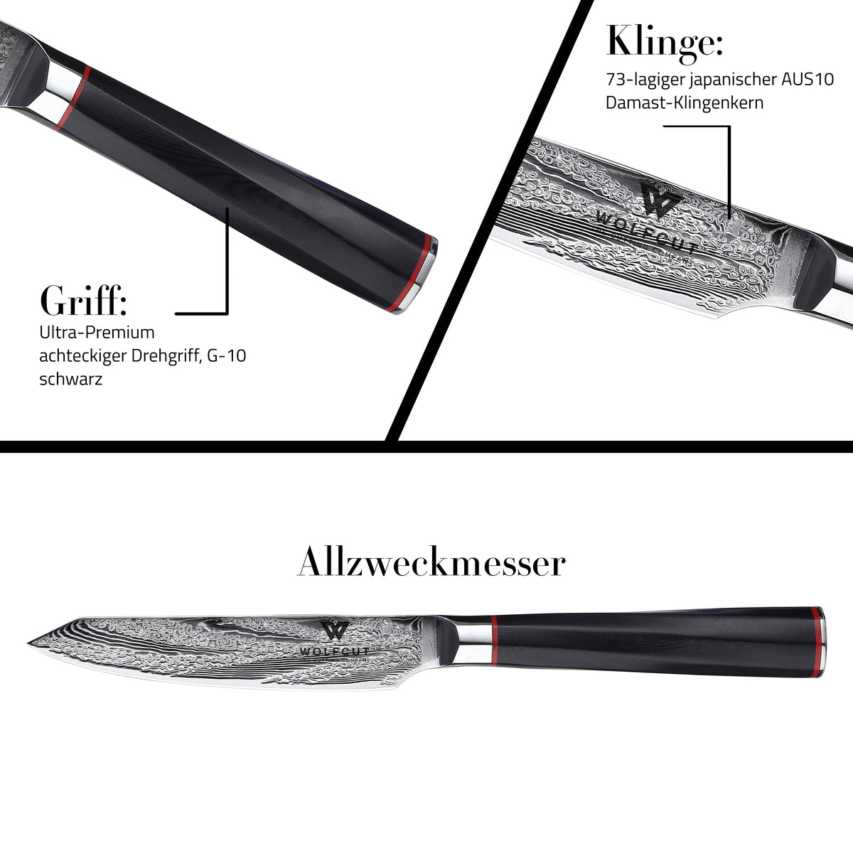 WOLFCUT - Damaskus Allzweckmesser 13 cm Klinge 73-lagiger japanischer Damaszenerstahl mit Geschenkbox
