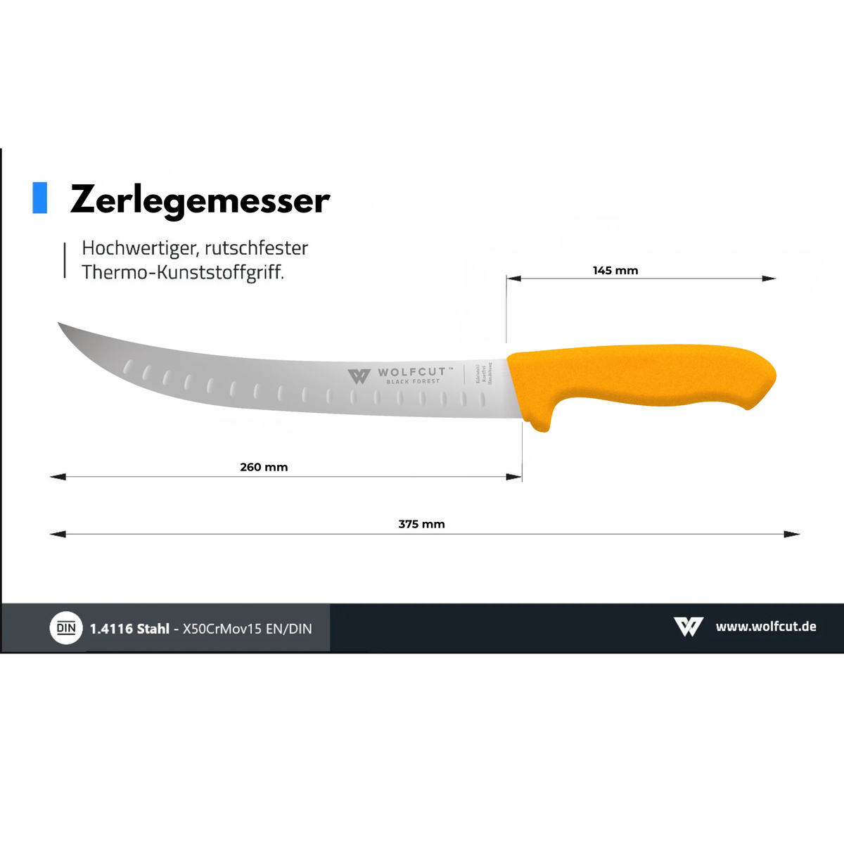 WOLFCUT Gold Serie - Zerlegemesser mit Kullenschliff 26 cm Klinge