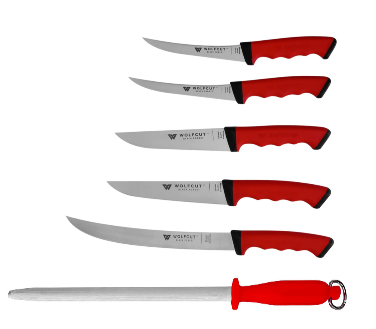 WOLFCUT SoftGrip RED-Serie - Metzgermesser-Set 6-tlg. - Ausbeinmesser, Stechmesser, Fleischermesser, Zerlegemesser, Wetzstahl