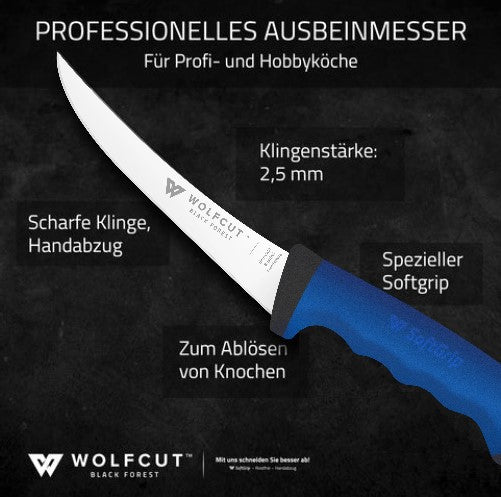 WOLFCUT SoftGrip BLUE-Serie - Metzgermesser-Set 5-tlg-Serie Ausbeinmesser, Stechmesser, Fleischermesser, Zerlegemesser