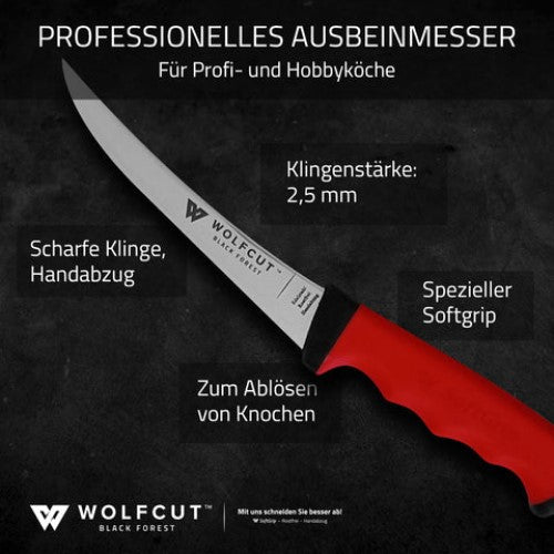 WOLFCUT SoftGrip RED-Serie - Metzgermesser-Set 5-tlg-Serie Ausbeinmesser, Stechmesser, Fleischermesser, Zerlegemesser