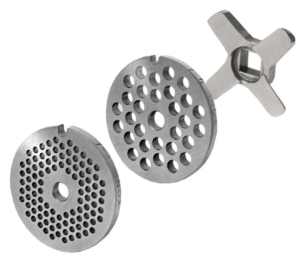 WOLFCUT - Fleischwolfscheibensatz 3 mm + 6 mm Bohrung und ein Kreuzmesser kompatibel mit allen gängigen Fleischwolf Marken Größe 7