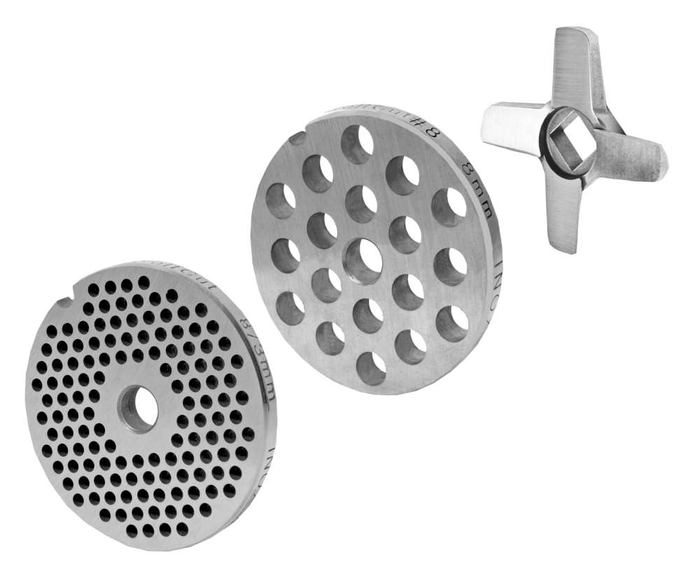 WOLFCUT - Fleischwolfscheibensatz 3 mm + 8 mm Bohrung und ein Kreuzmesser kompatibel mit allen gängigen Fleischwolf Marken Größen 8