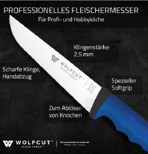 WOLFCUT SoftGrip BLUE-Serie - Metzgermesser-Set 6-tlg. - Ausbeinmesser, Stechmesser, Fleischermesser, Zerlegemesser, Wetzstahl