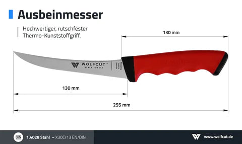 WOLFCUT SoftGrip RED-Serie - Metzgermesser-Set 6-tlg. - Ausbeinmesser, Stechmesser, Fleischermesser, Zerlegemesser, Wetzstahl