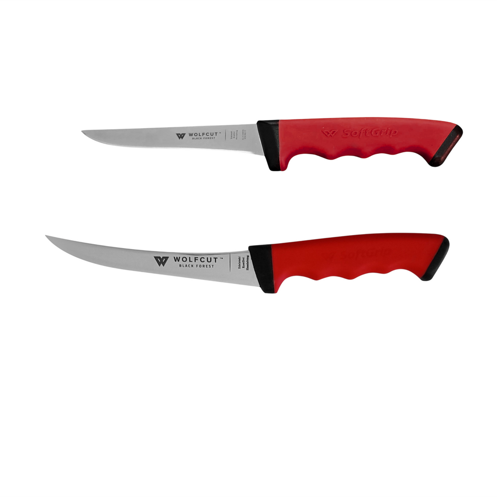 WOLFCUT SoftGrip RED-Serie - Metzgermesser-Set-2-tlg-Ausbeinmesser 13 cm gerade und 15 cm gebogene Klinge