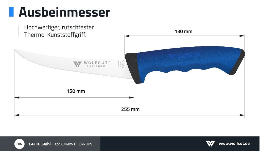 WOLFCUT SoftGrip BLUE-Serie - Metzgermesser-Set 3-tlg. - Ausbeinmesser, Stechmesser, Fleischermesser