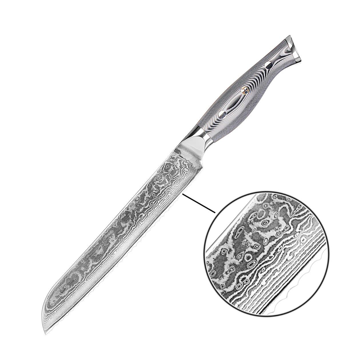 WOLFCUT - Damaskus Brotmesser 20 cm Klinge 67-lagiger Damaszenerstahl mit Geschenkbox