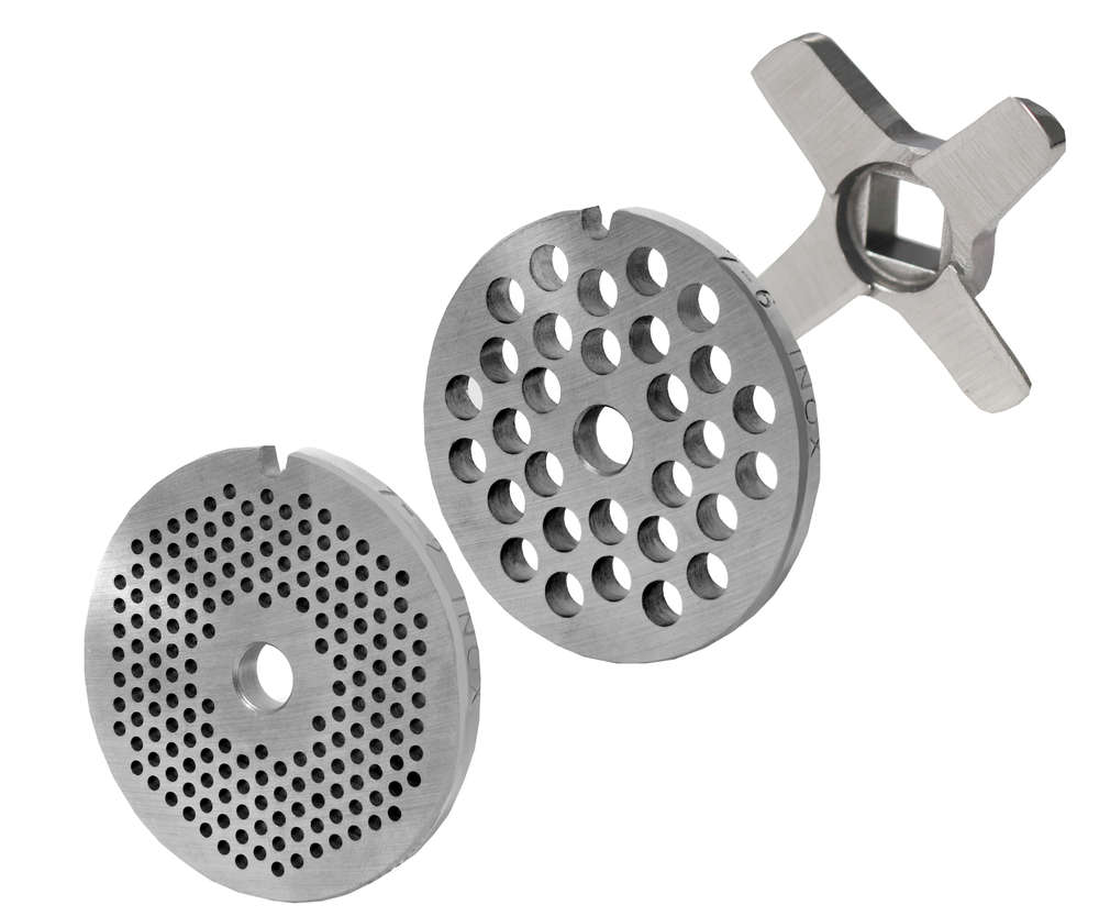 WOLFCUT - Fleischwolfscheibensatz 2 mm + 6 mm Bohrung und ein Kreuzmesser kompatibel mit allen gängigen Fleischwolf Marken Größe 7
