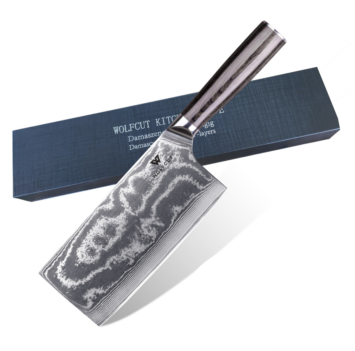 WOLFCUT - Damaskus Hackmesser mit schwarzem Pakkaholzgriff 17,8 cm Klinge 67-lagiger Damaszenerstahl mit Geschenkbox