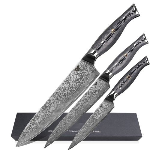 WOLFCUT - Damascus Messer-Set 3-tlg. 67-lagiger Damaszenerstahl - Chefmesser, Kochmesser, Allzweckmesser + Wetzstahl Rund 30 cm