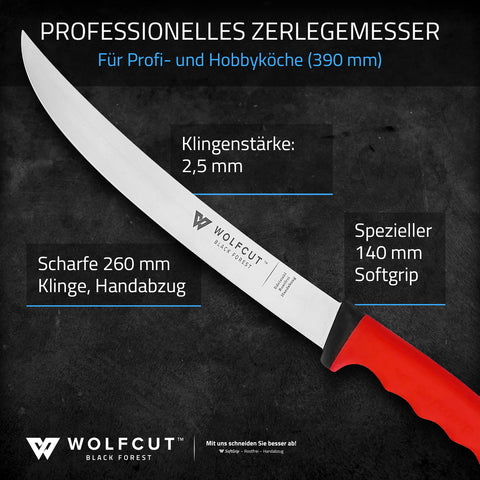 WOLFCUT SoftGrip RED-Serie - Metzgermesser-Set 3-tlg. Zerlegemesser 26 cm, Ausbeinmesser 13 cm, Ausbeinmesser 15 cm gebogene flex Klinge