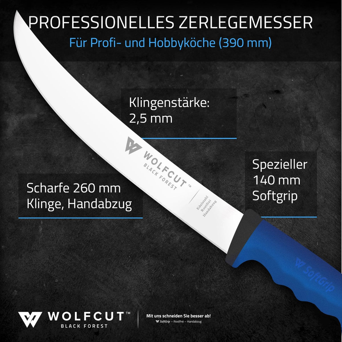 WOLFCUT SoftGrip BLUE-Serie - Zerlegemesser 26 cm Klinge