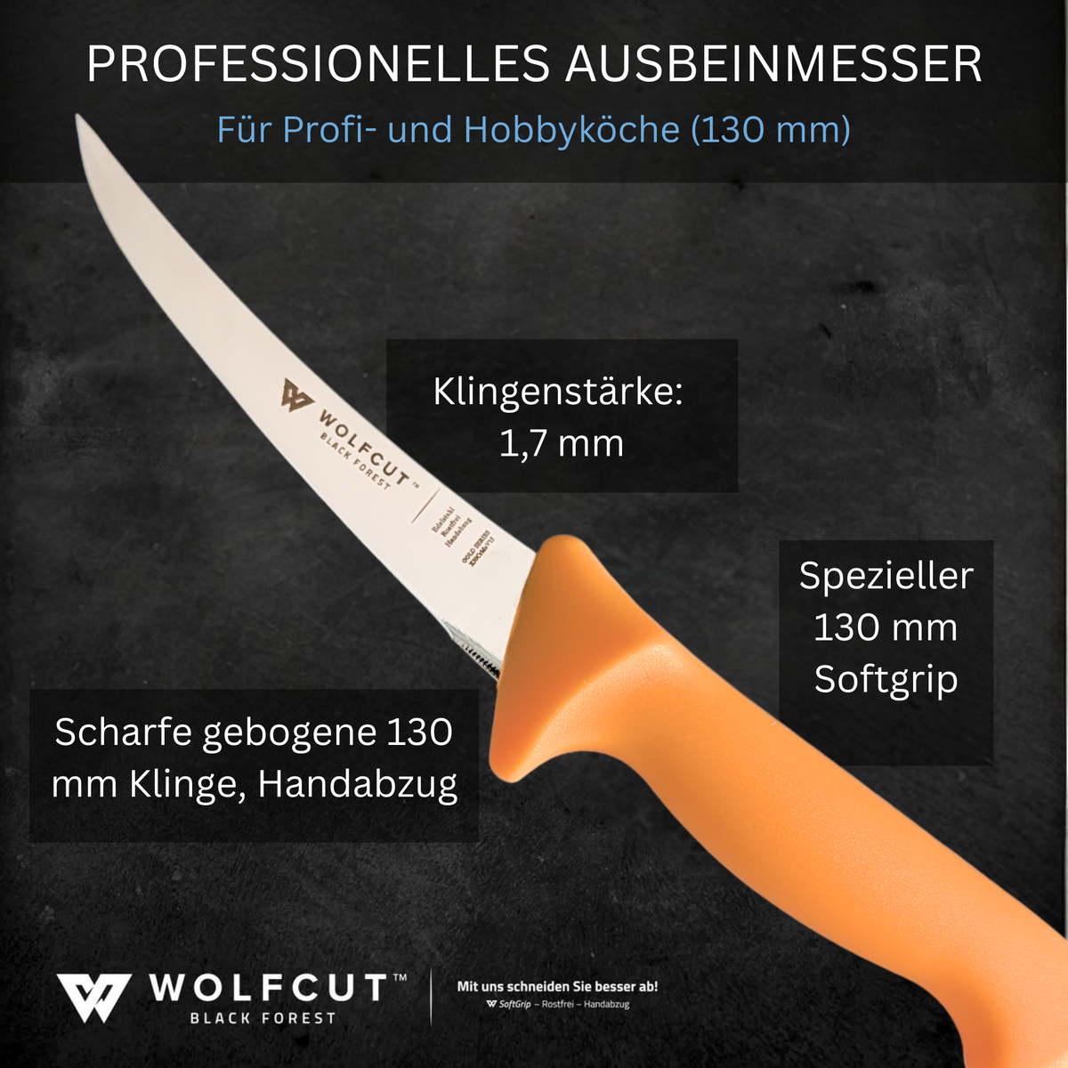 WOLFCUT Gold Serie - Ausbeinmesser 13 cm gebogene steife Klinge