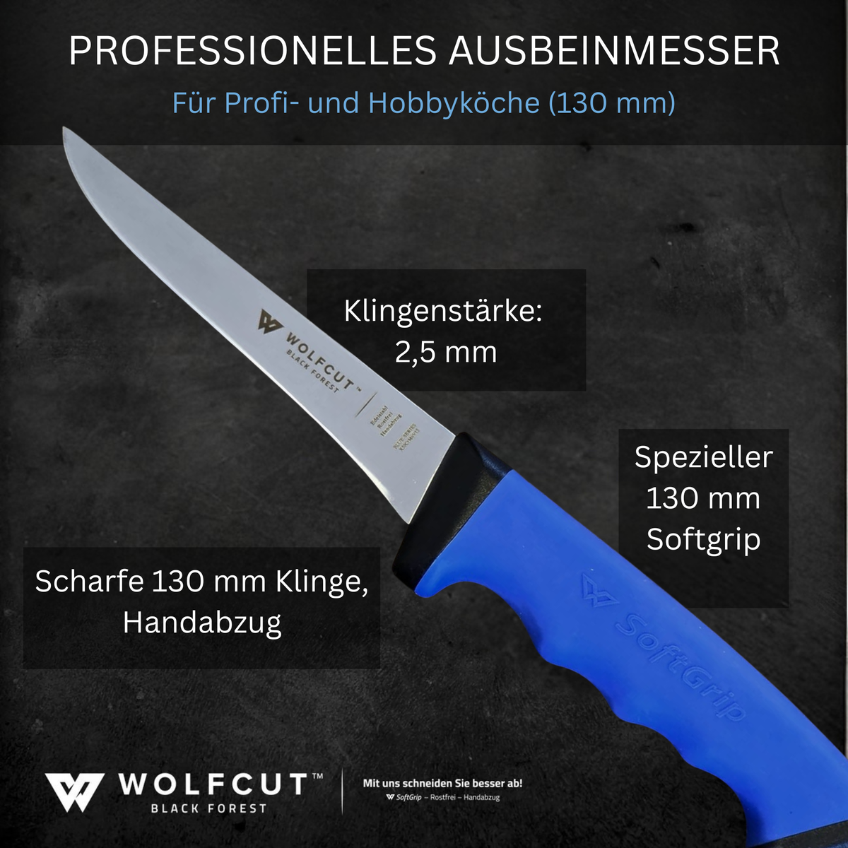 WOLFCUT SoftGrip BLUE-Serie - Ausbeinmesser 13 cm Klinge