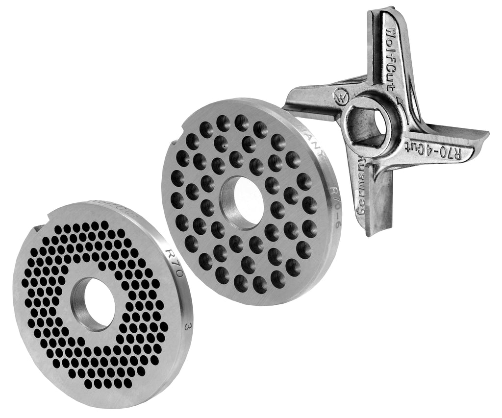 WOLFCUT - Fleischwolfscheibensatz 3 mm + 6 mm Bohrung und ein Robotmesser kompatibel mit allen gängigen Fleischwolf Marken Größe R70 Werkzeugstahl
