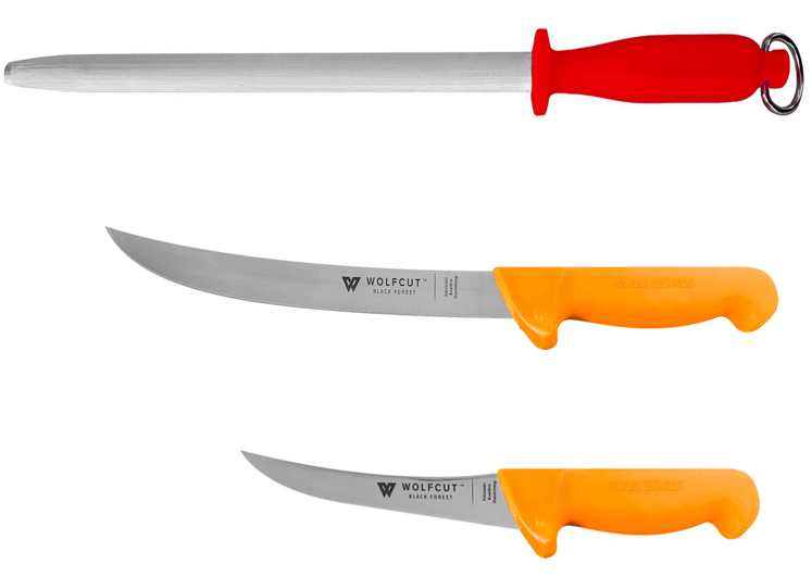 WOLFCUT Gold Serie - Metzgermesser-Set 3-tlg. - Ausbeinmesser 15 cm gebogene flex Klinge, Zerlegemesser 21 cm, Wetzstahl oval