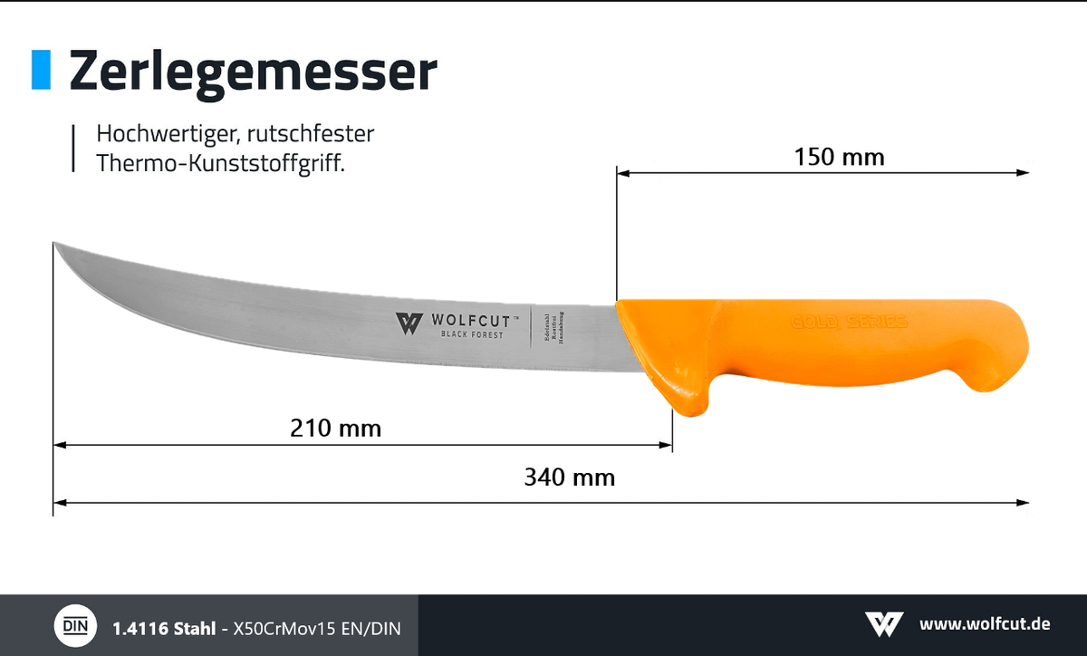 WOLFCUT Gold Serie - Metzgermesser-Set 3-tlg. - Ausbeinmesser 15 cm gebogene flex Klinge, Zerlegemesser 21 cm, Wetzstahl oval